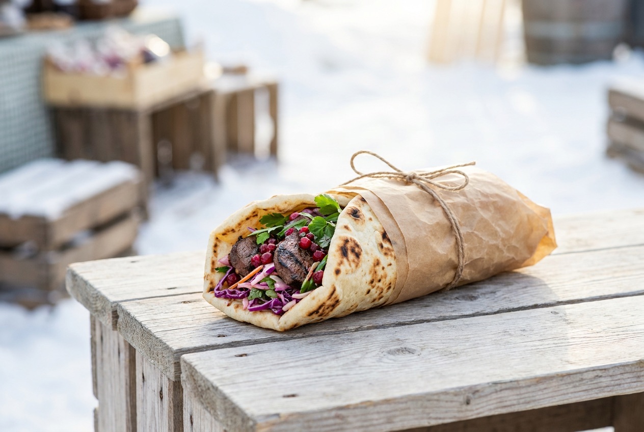 Älgkebab i tunnbröd med lingonslaw