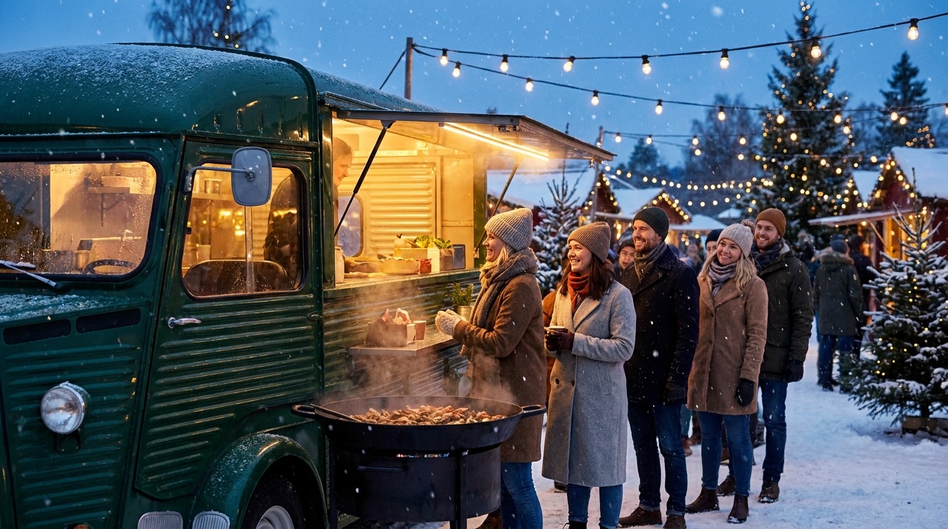 Wild Kebabs food truck på en snöig julmarknad i skymningen